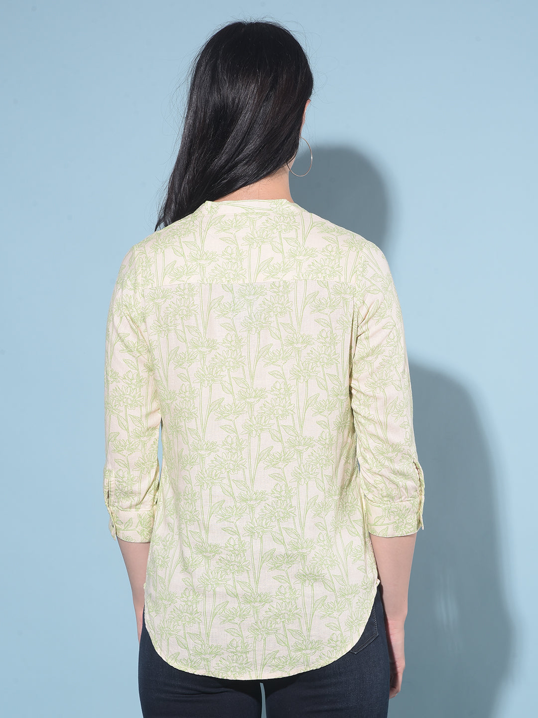 Green Floral Print Linen Top-Women Tops-Crimsoune Club