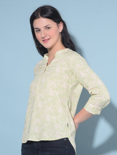 Green Floral Print Linen Top-Women Tops-Crimsoune Club