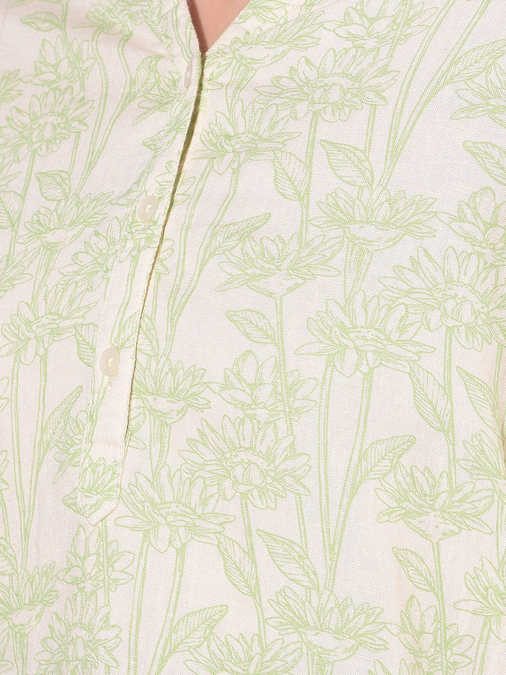 Green Floral Print Linen Top-Women Tops-Crimsoune Club