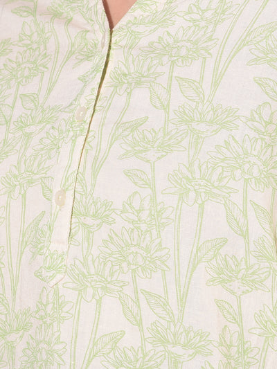 Green Floral Print Linen Top-Women Tops-Crimsoune Club