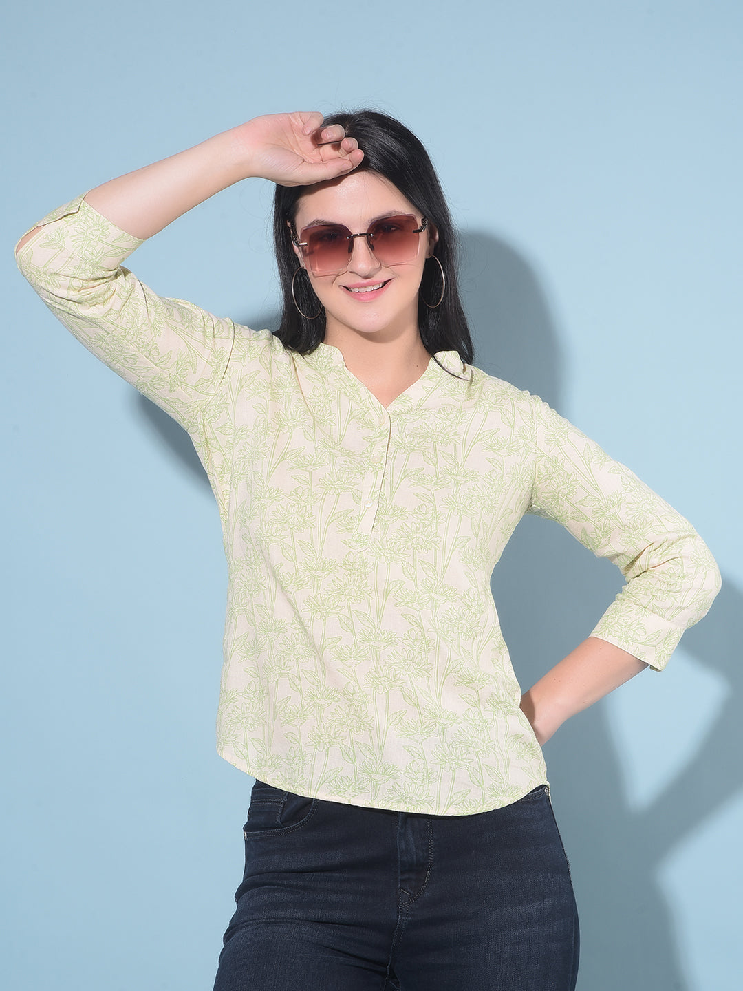 Green Floral Print Linen Top-Women Tops-Crimsoune Club