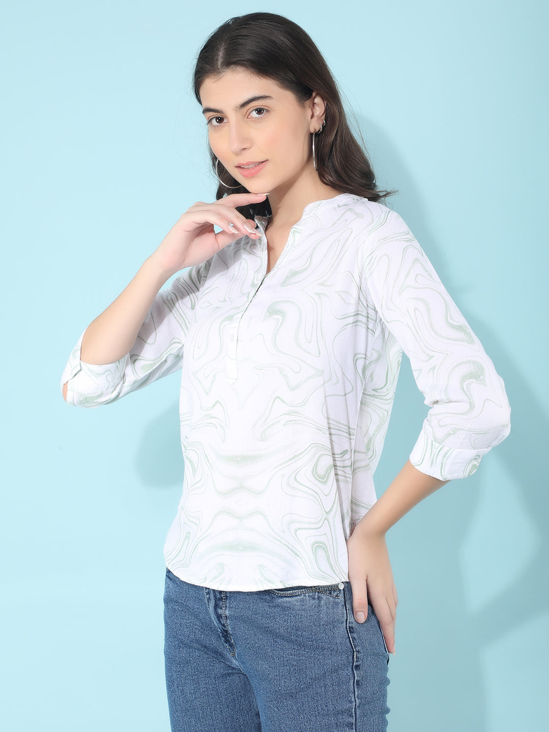 Green Abstract Print Linen Top-Women Tops-Crimsoune Club