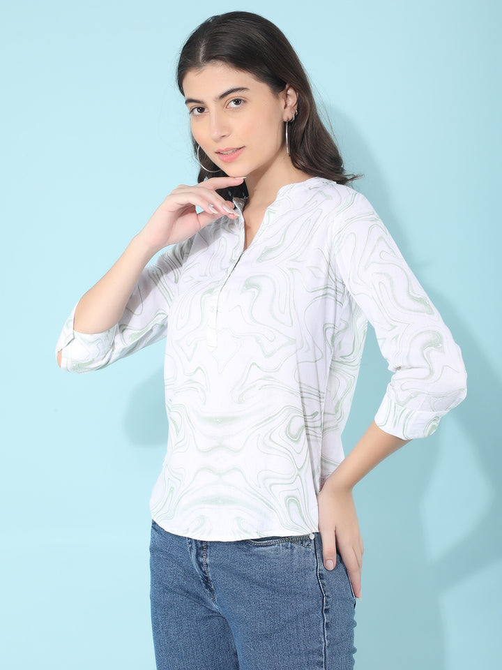 Green Abstract Print Linen Top-Women Tops-Crimsoune Club