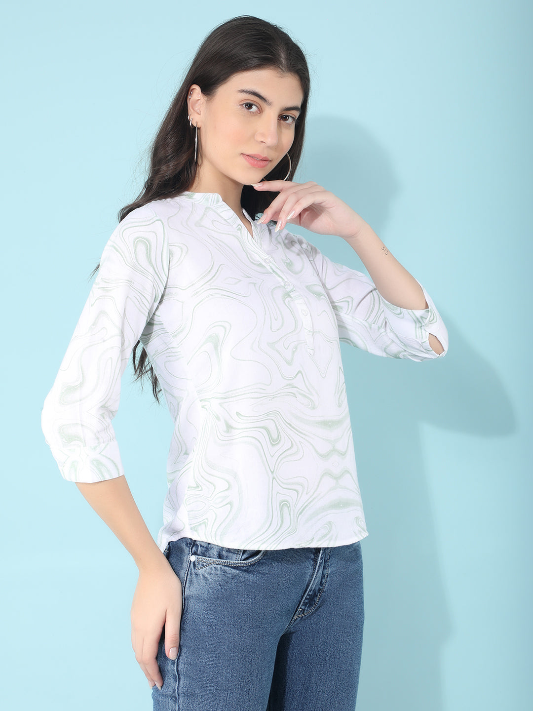 Green Abstract Print Linen Top-Women Tops-Crimsoune Club