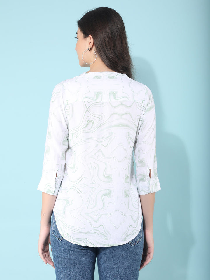 Green Abstract Print Linen Top-Women Tops-Crimsoune Club