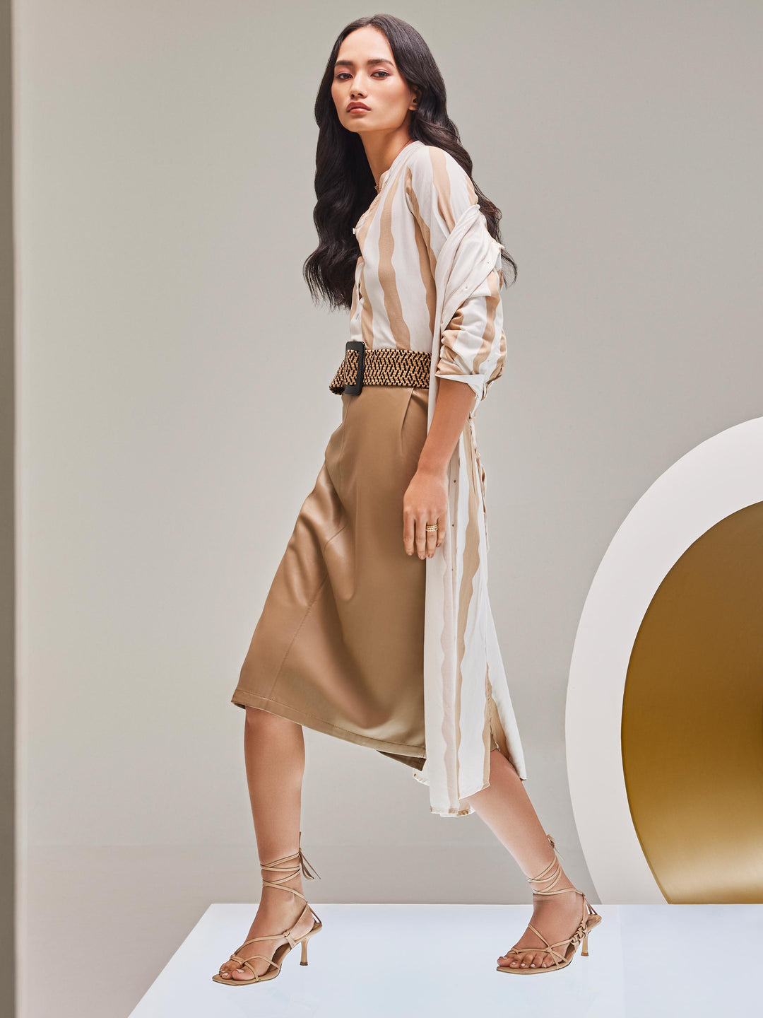 Brown Vertical Striped Top-Women Tops-Crimsoune Club