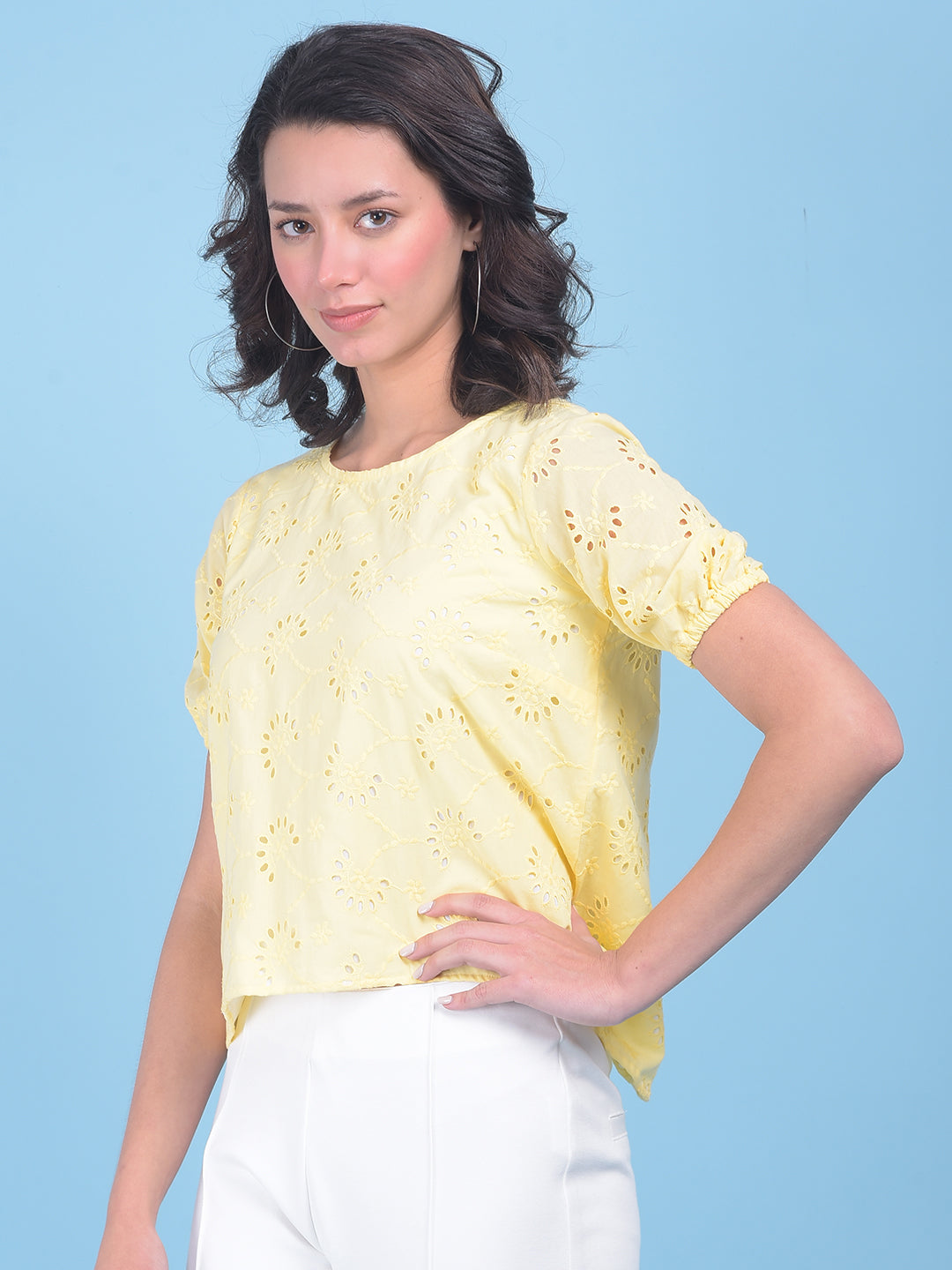 Yellow Floral Print Top-Women Tops-Crimsoune Club