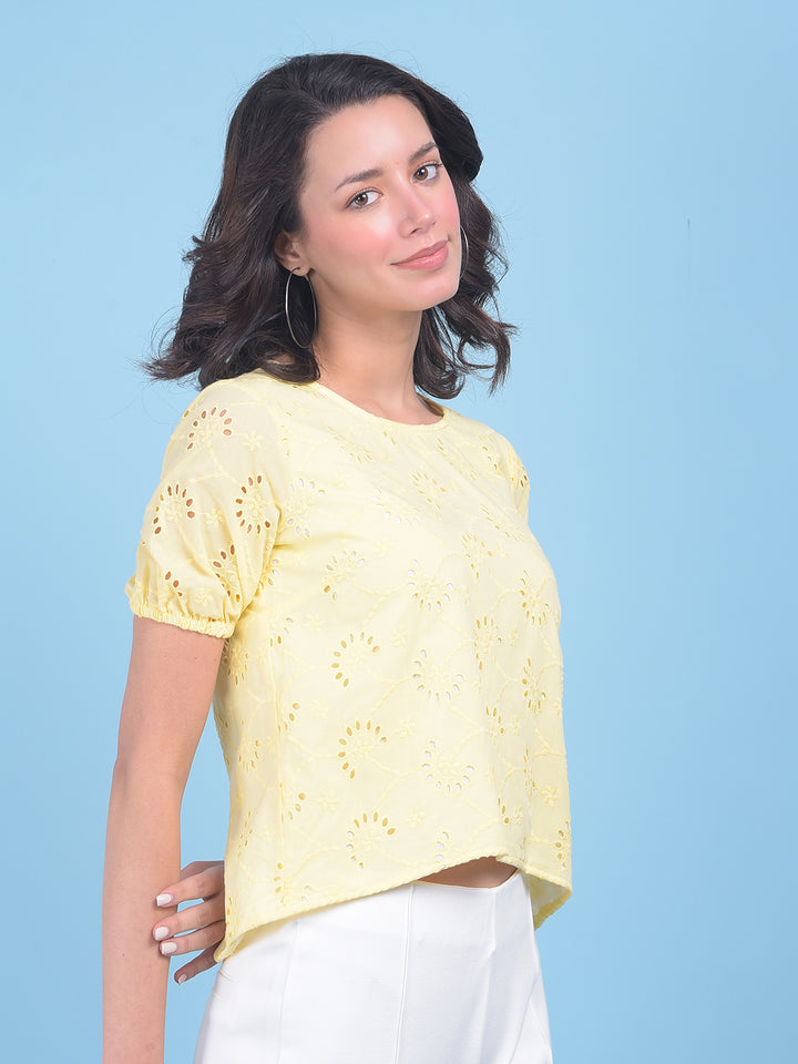 Yellow Floral Print Top-Women Tops-Crimsoune Club