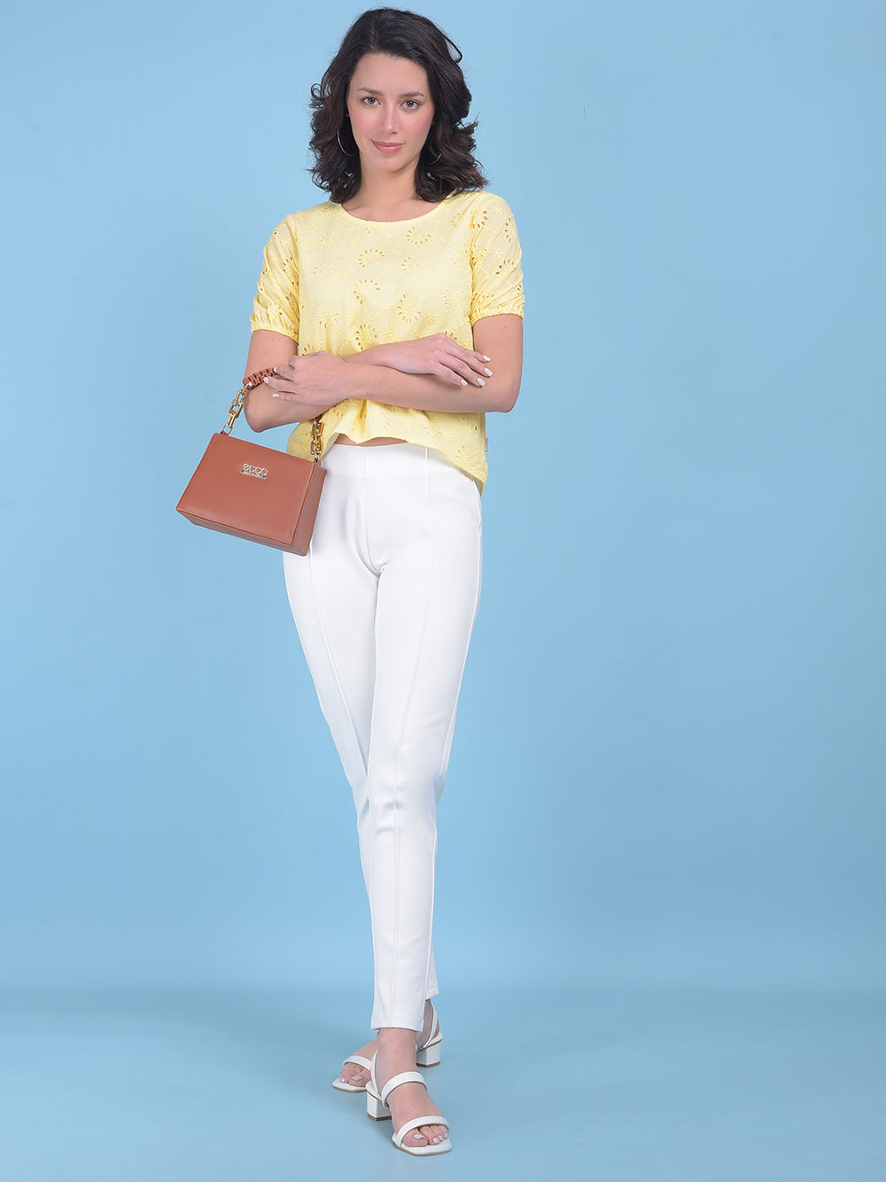 Yellow Floral Print Top-Women Tops-Crimsoune Club