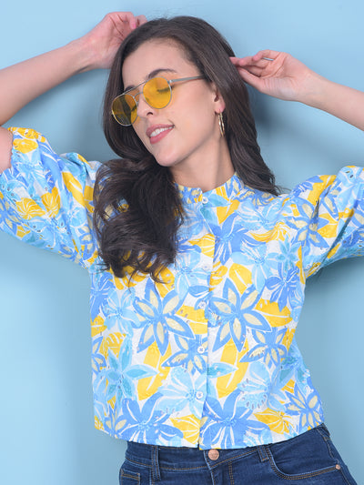 Yellow Floral Print Top-Women Tops-Crimsoune Club