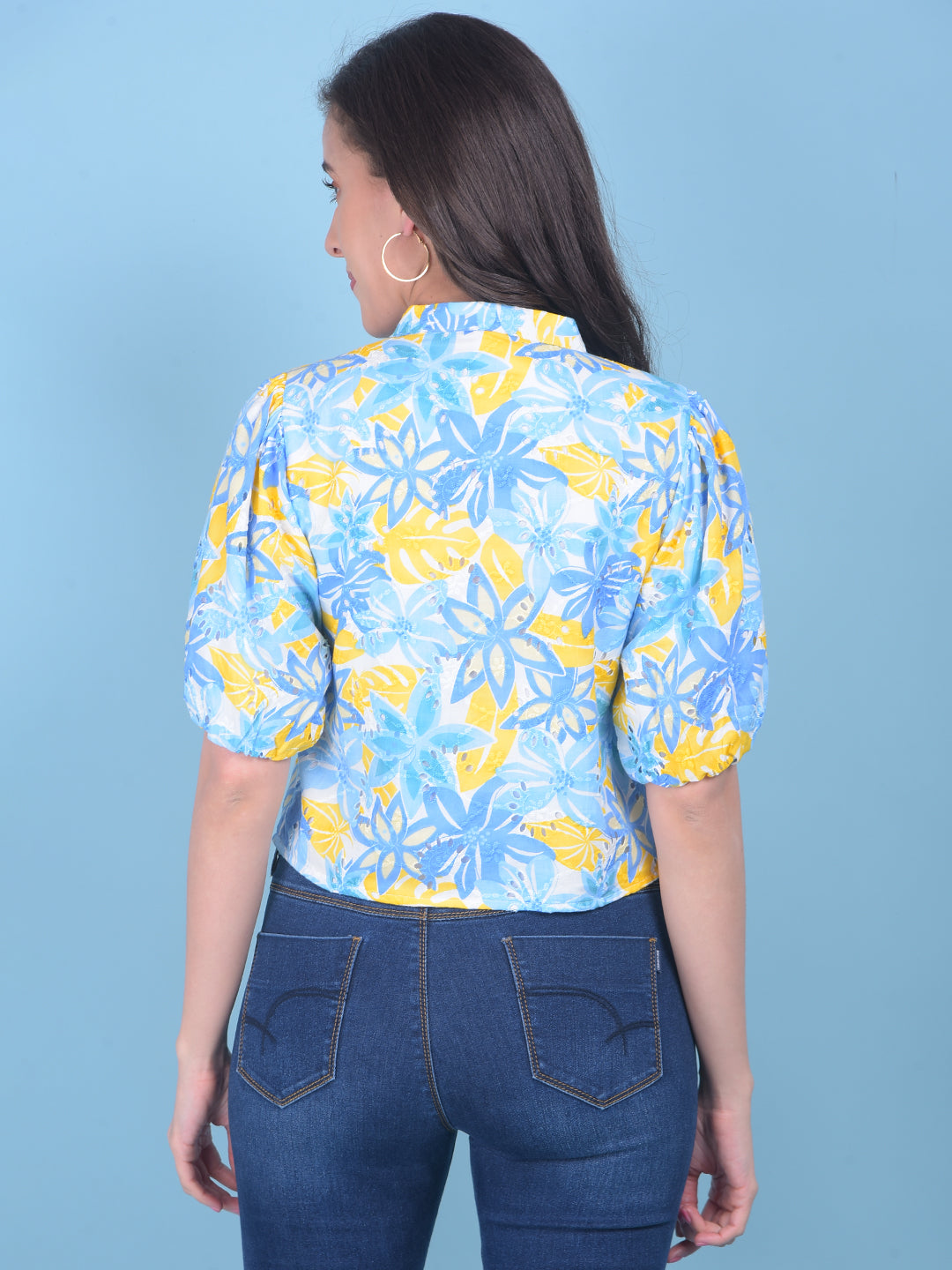 Yellow Floral Print Top-Women Tops-Crimsoune Club