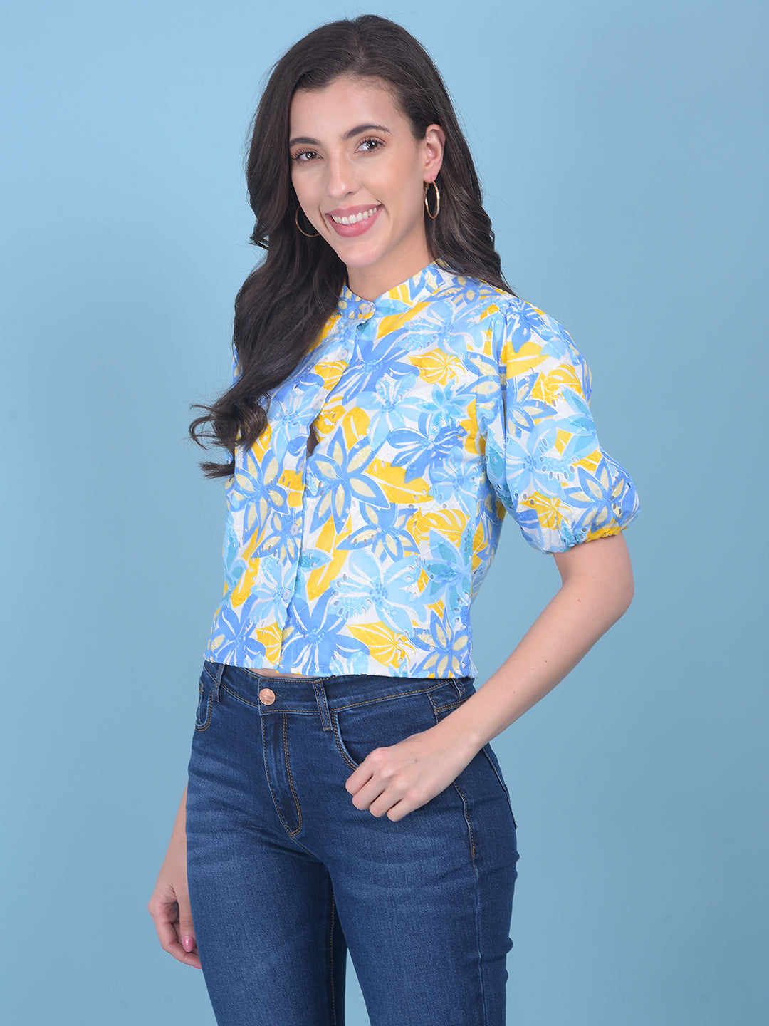 Yellow Floral Print Top-Women Tops-Crimsoune Club