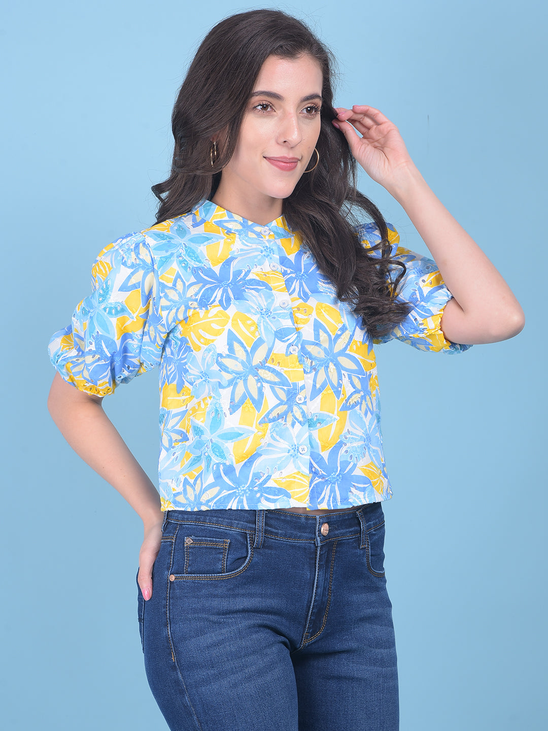 Yellow Floral Print Top-Women Tops-Crimsoune Club