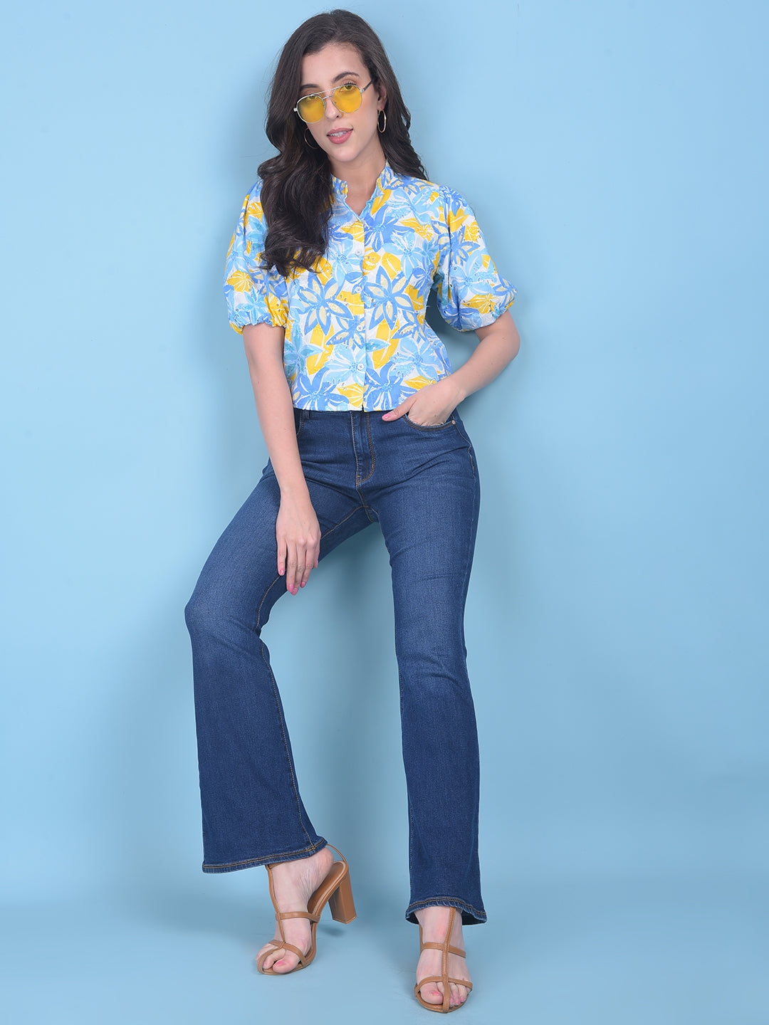 Yellow Floral Print Top-Women Tops-Crimsoune Club