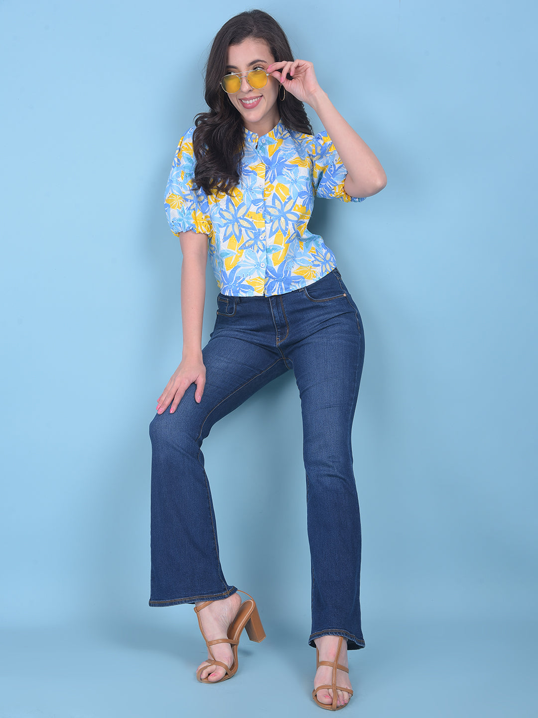 Yellow Floral Print Top-Women Tops-Crimsoune Club