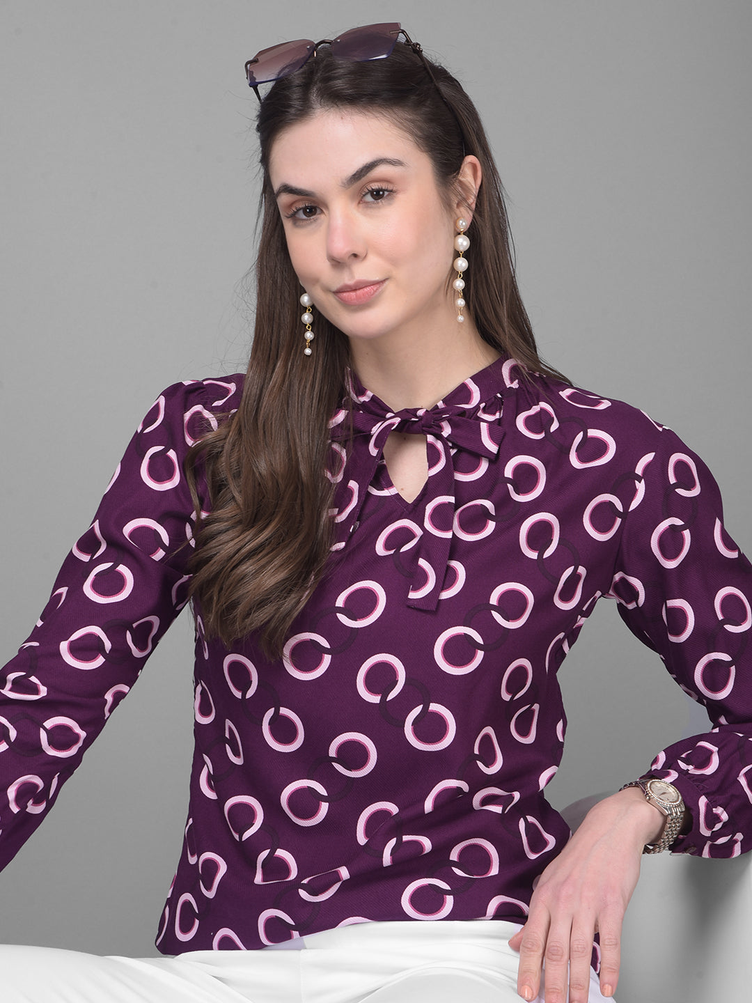 Purple Printed Top-Women Tops-Crimsoune Club