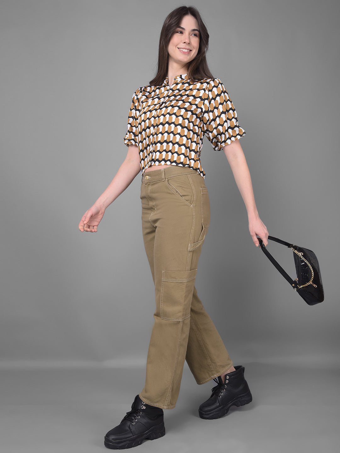 Brown Printed Top-Women Tops-Crimsoune Club