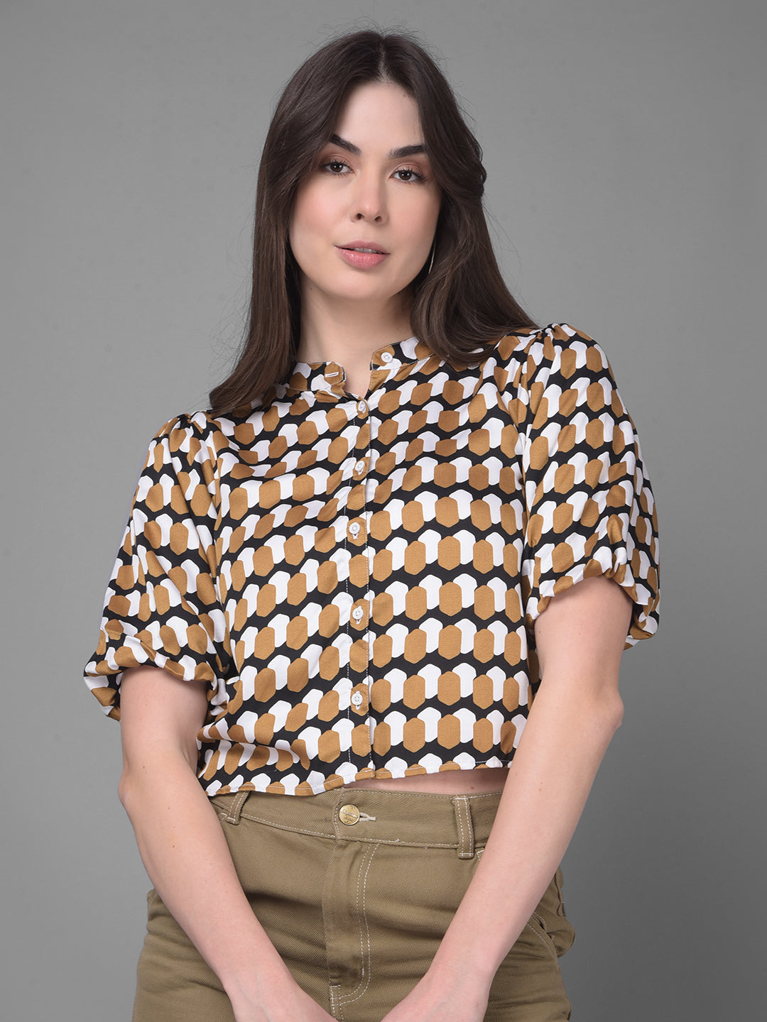 Brown Printed Top-Women Tops-Crimsoune Club