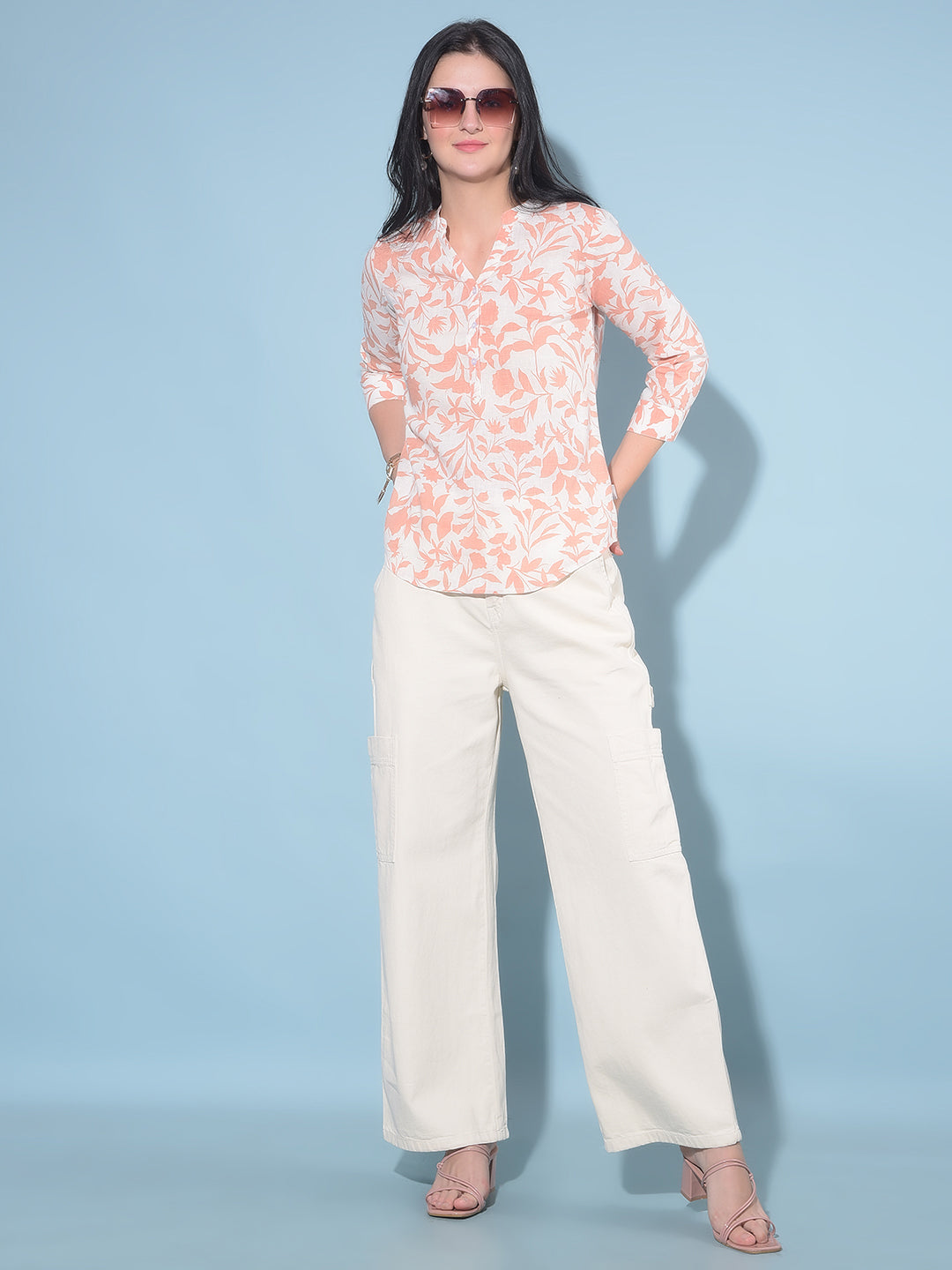 Peach Floral Print Linen Top-Women Tops-Crimsoune Club