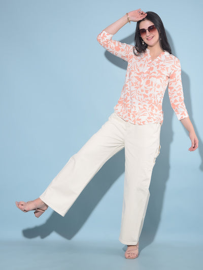 Peach Floral Print Linen Top-Women Tops-Crimsoune Club