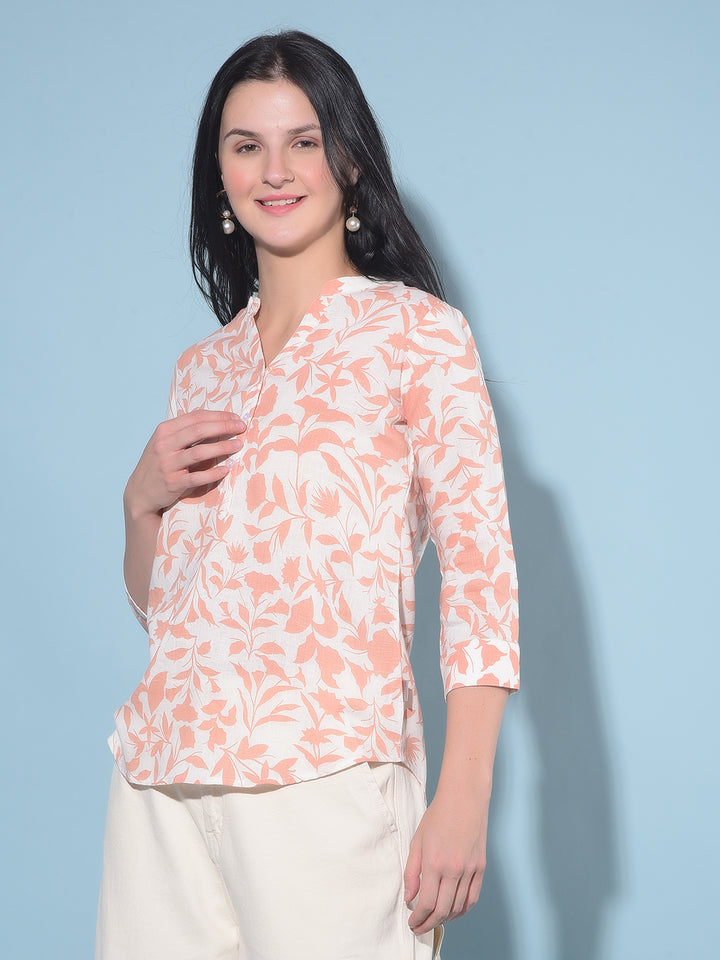 Peach Floral Print Linen Top-Women Tops-Crimsoune Club