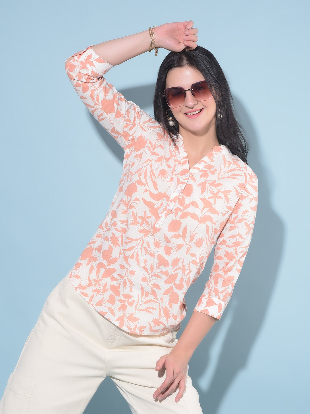 Peach Floral Print Linen Top-Women Tops-Crimsoune Club