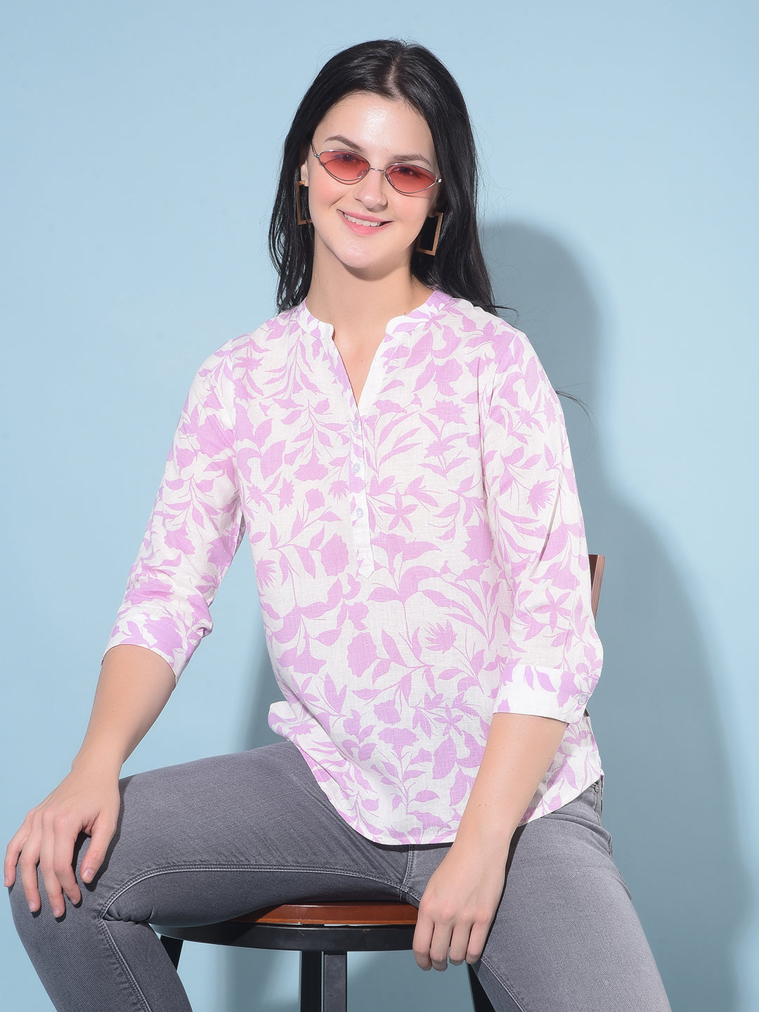 Purple Floral Print Linen Top-Women Tops-Crimsoune Club