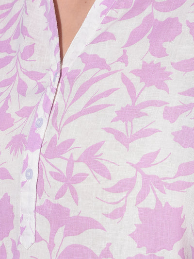 Purple Floral Print Linen Top-Women Tops-Crimsoune Club