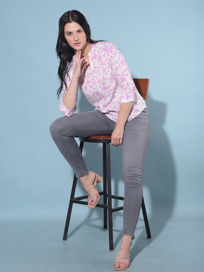 Purple Floral Print Linen Top-Women Tops-Crimsoune Club