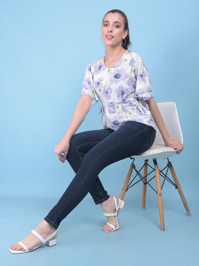 Purple Floral Print Linen Top-Women Tops-Crimsoune Club