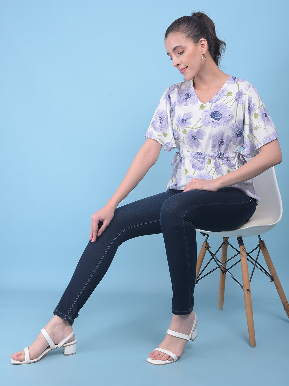 Purple Floral Print Linen Top-Women Tops-Crimsoune Club