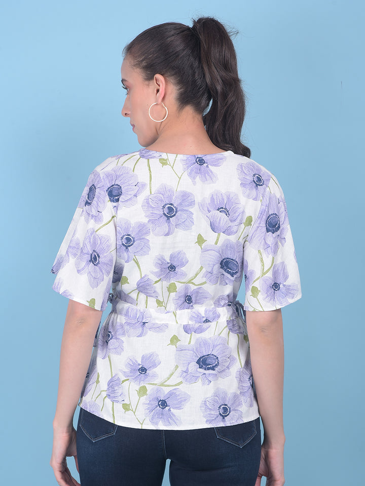 Purple Floral Print Linen Top-Women Tops-Crimsoune Club
