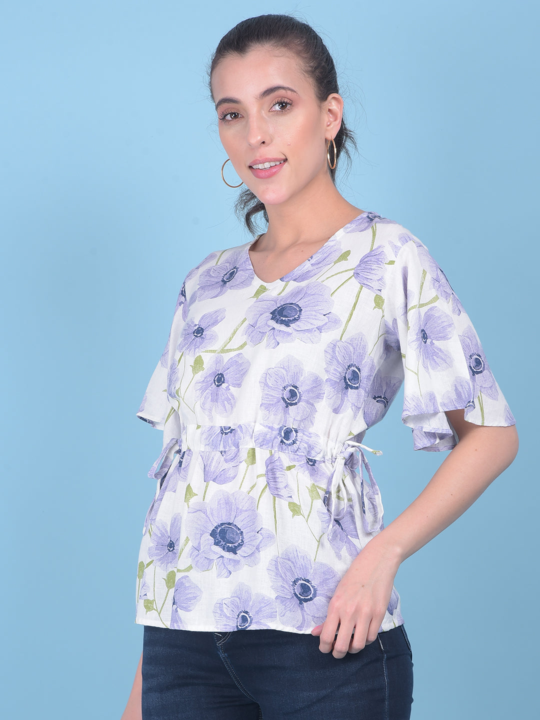 Purple Floral Print Linen Top-Women Tops-Crimsoune Club
