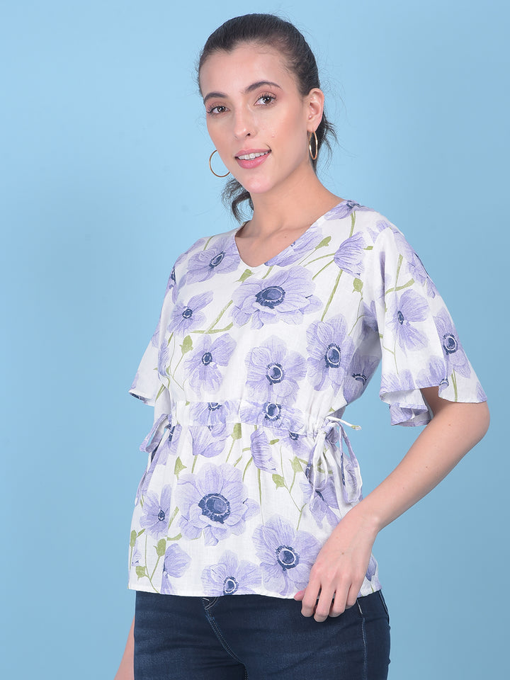 Purple Floral Print Linen Top-Women Tops-Crimsoune Club