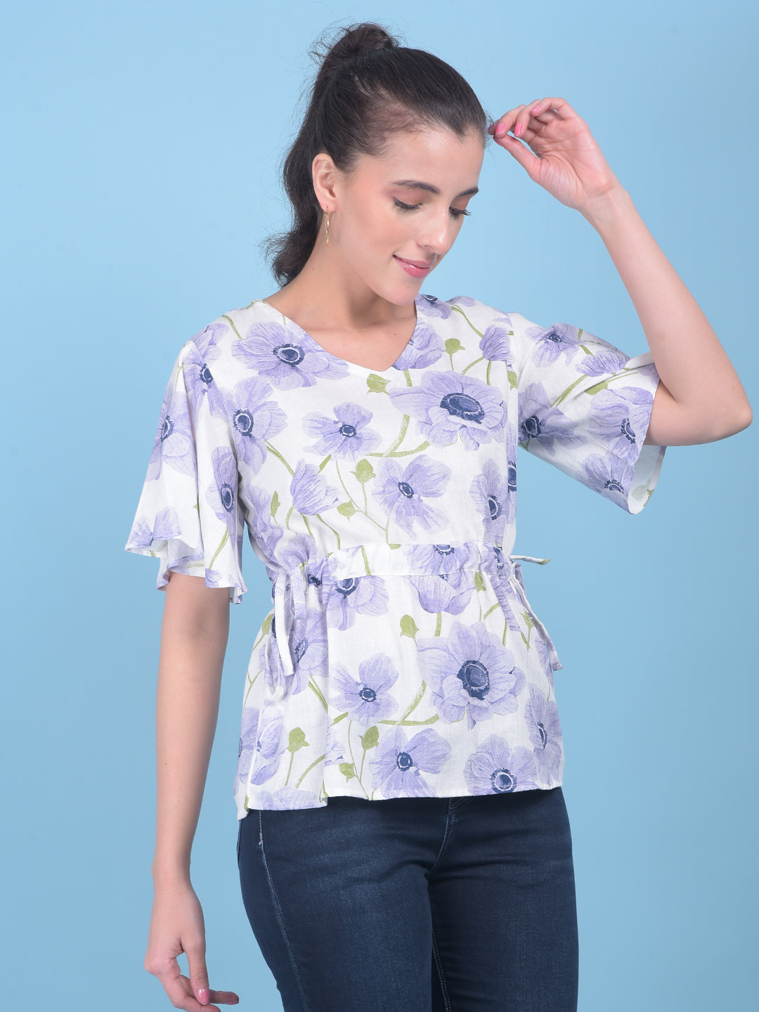 Purple Floral Print Linen Top-Women Tops-Crimsoune Club