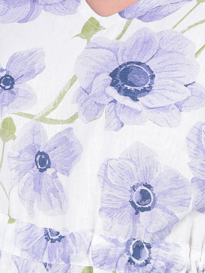 Purple Floral Print Linen Top-Women Tops-Crimsoune Club