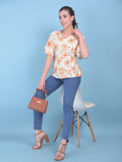 Peach Floral Print Linen Top-Women Tops-Crimsoune Club