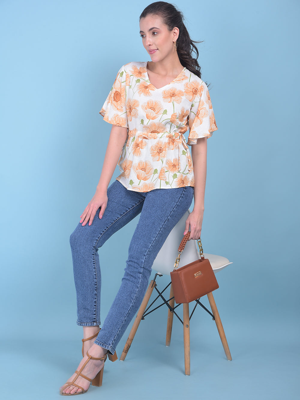 Peach Floral Print Linen Top-Women Tops-Crimsoune Club