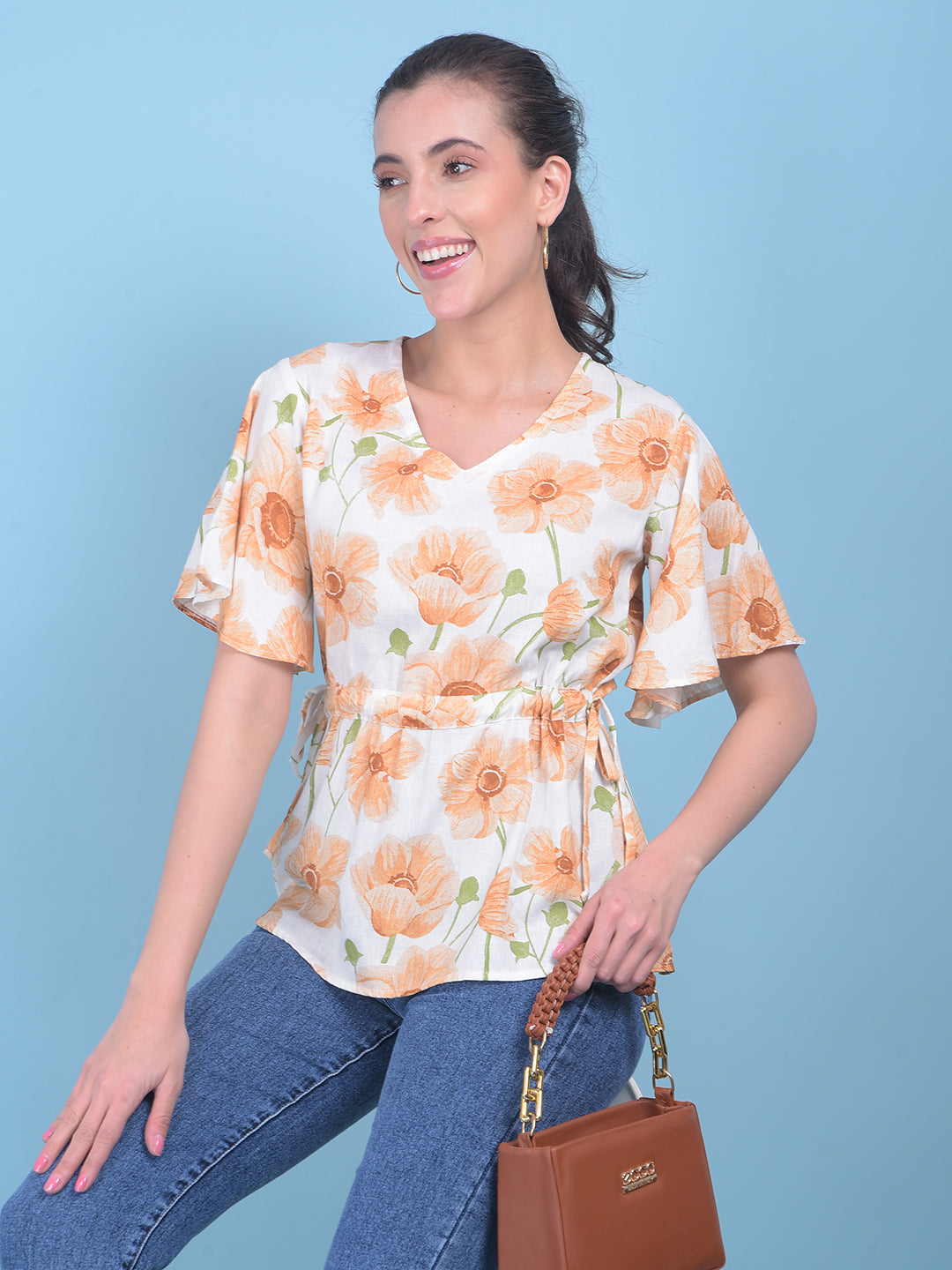 Peach Floral Print Linen Top-Women Tops-Crimsoune Club