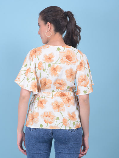 Peach Floral Print Linen Top-Women Tops-Crimsoune Club