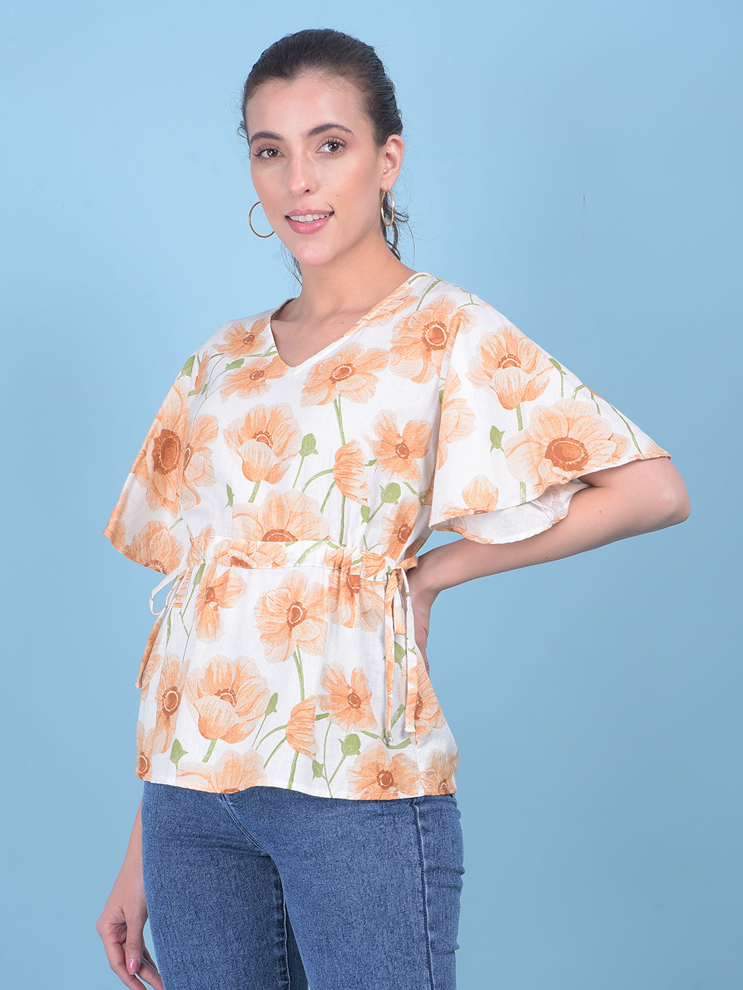 Peach Floral Print Linen Top-Women Tops-Crimsoune Club