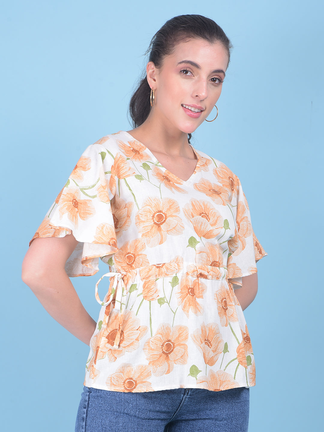 Peach Floral Print Linen Top-Women Tops-Crimsoune Club