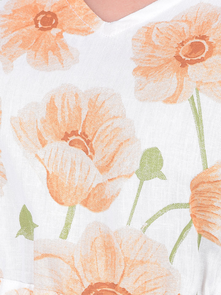 Peach Floral Print Linen Top-Women Tops-Crimsoune Club
