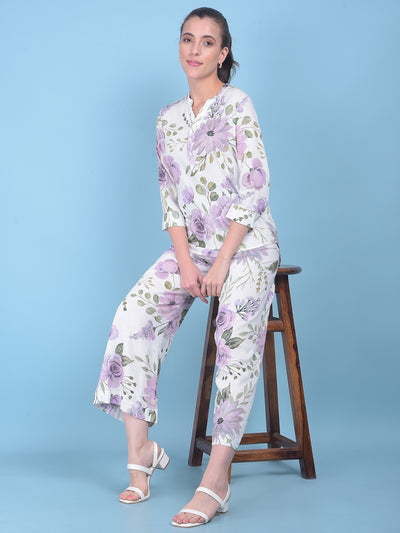 White Floral Print Linen Top-Women Tops-Crimsoune Club