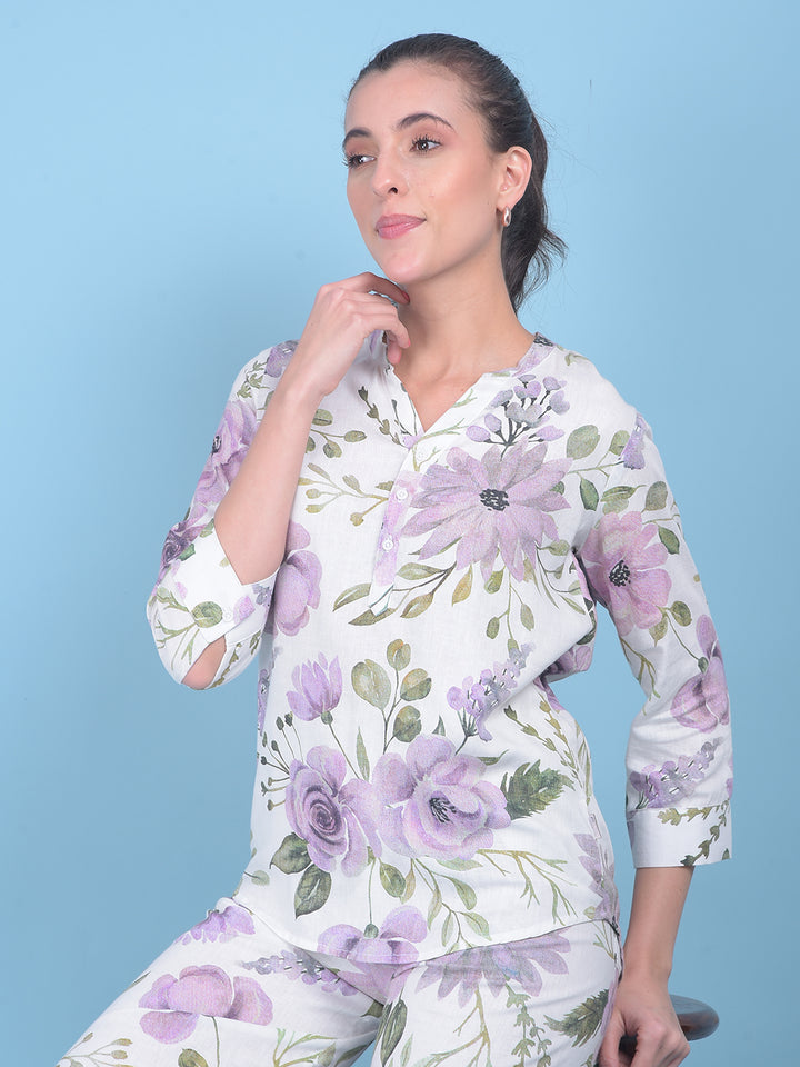 White Floral Print Linen Top-Women Tops-Crimsoune Club