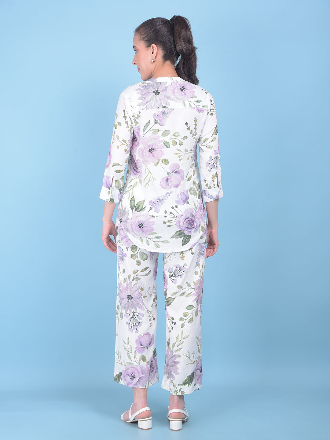White Floral Print Linen Top-Women Tops-Crimsoune Club