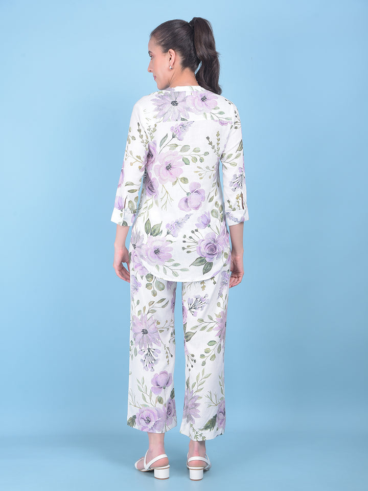 White Floral Print Linen Top-Women Tops-Crimsoune Club