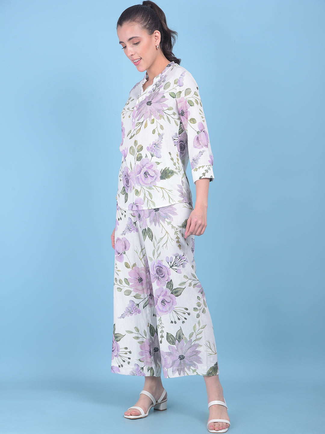 White Floral Print Linen Top-Women Tops-Crimsoune Club