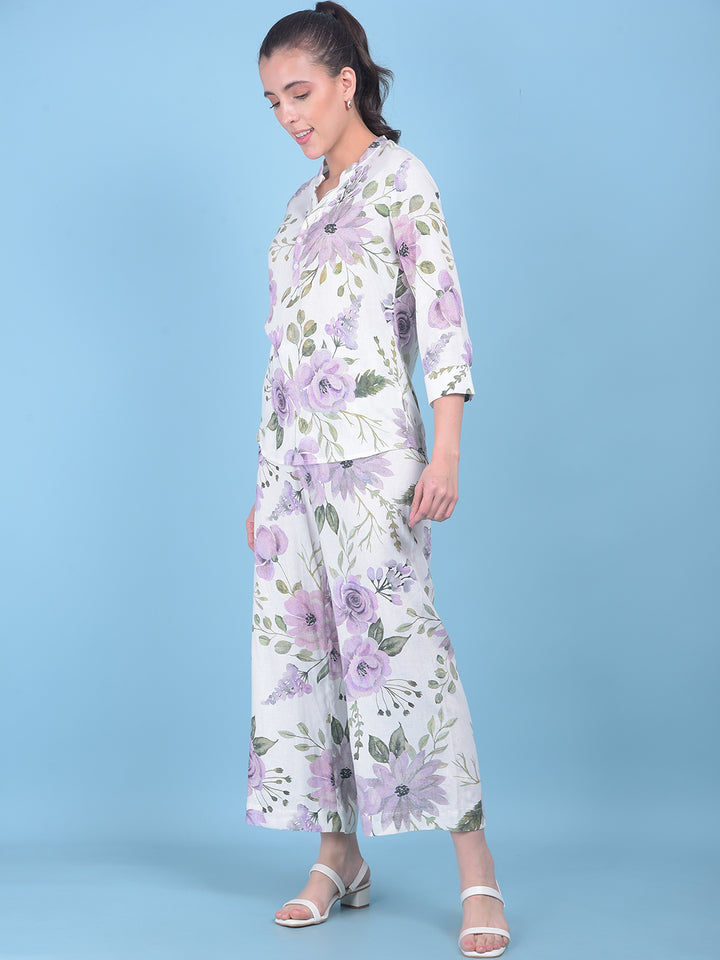 White Floral Print Linen Top-Women Tops-Crimsoune Club