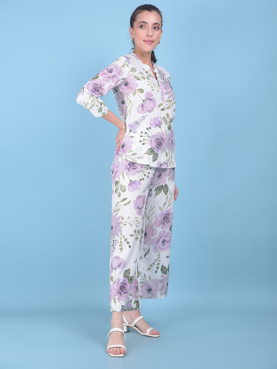 White Floral Print Linen Top-Women Tops-Crimsoune Club